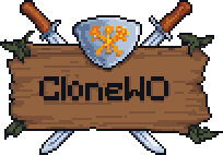 CloneWO Logo, Wooden Board with the text CloneWO on it. Crossed swords behind it and a shield at the top.